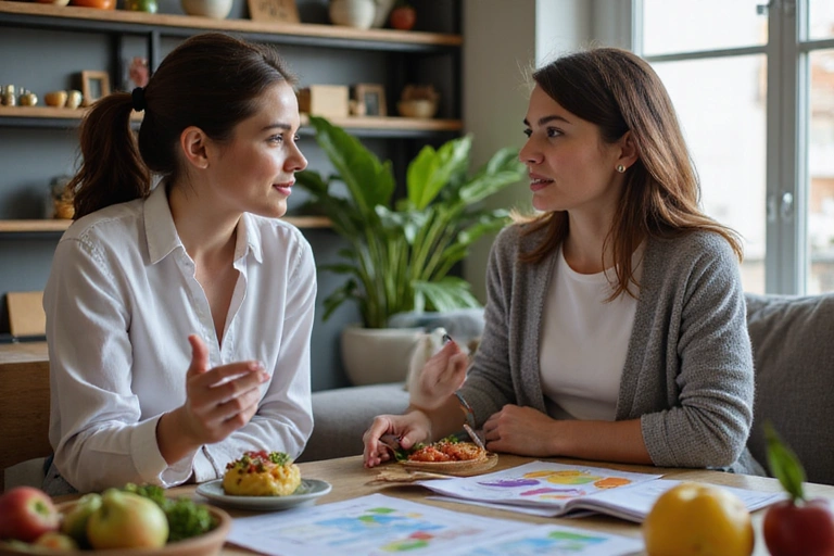 Nutrizionista che spiega un piano alimentare a un cliente in un ufficio accogliente, con grafici e cibo sano sullo sfondo.
