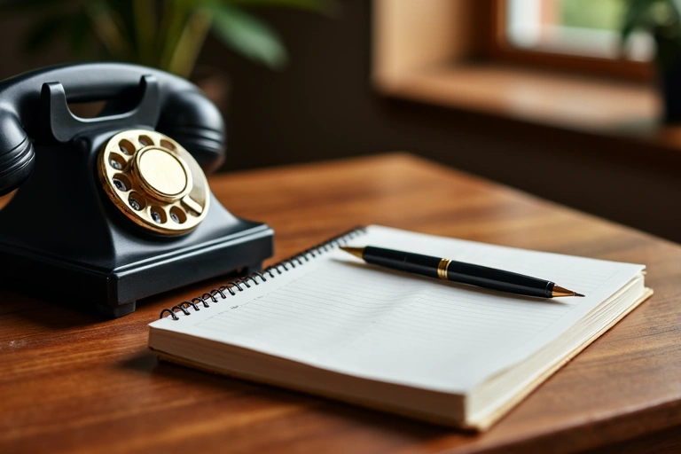 Un telefono vintage con un'elegante agenda e una penna su una scrivania in legno, che simboleggia la facilità di contatto.