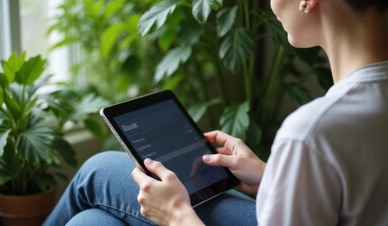 Una persona che digita su un tablet, circondata da piante e un'atmosfera rilassante, a simboleggiare la facile prenotazione di consulenze.