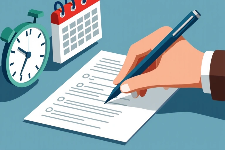 Una mano che compila un modulo online con una penna, con elementi di calendario e orologio sullo sfondo, che simboleggiano la pianificazione efficiente.