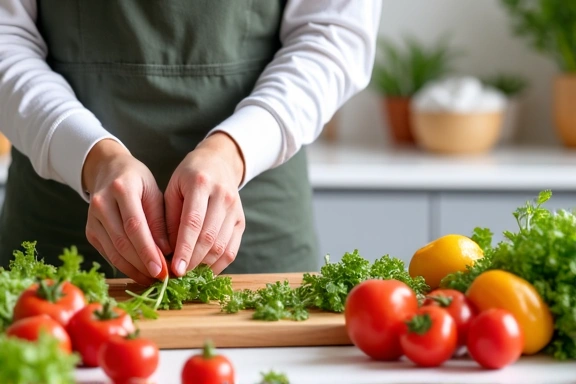 Donna che prepara un pasto sano e colorato in una cucina moderna