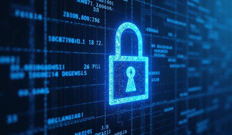 Illustrazione di dati protetti da un lucchetto digitale, che simboleggia la sicurezza della privacy.