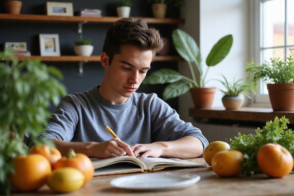 Una persona che legge un libro sulla nutrizione in un ambiente sereno.